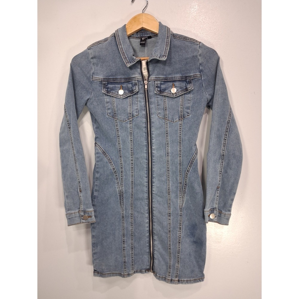 Windsor Light Wash Denim Full Zip Bodycon Mini Dress Long Sleeve Small D3885 - Picture 2 of 8